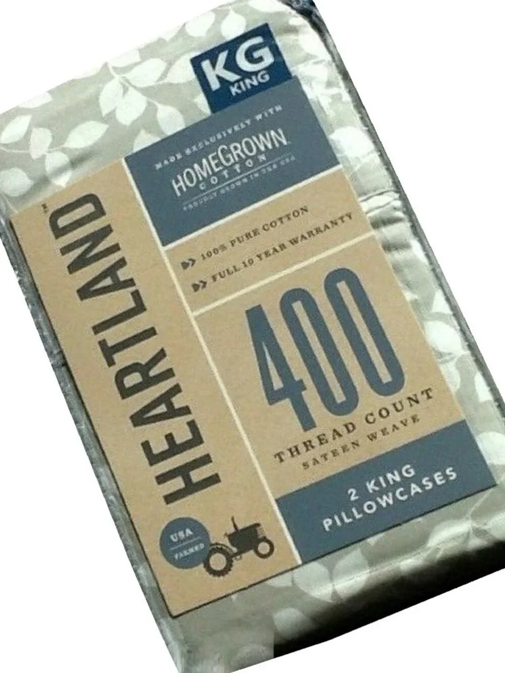 new Heartland 400 TC 100% Cotton Sateen KING Pillowcases - WHITE LEAF on GRAY